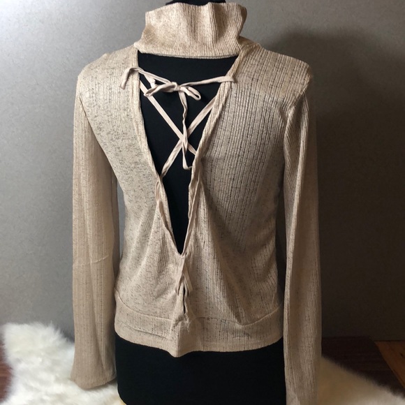 Semi Sheer Tan Bell Long Sleeve Tie Back Sweater - Picture 2 of 6